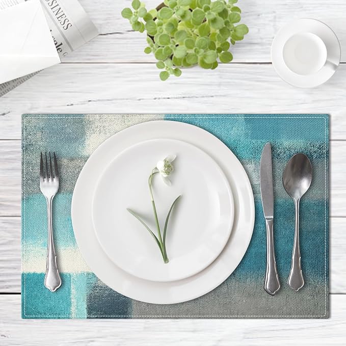 Emvency Farmhouse Placemats Set of 4, 12x18 Inch, Teal and Grey | Abstract Art Painting Table Mats for Outdoor Home Party Kitchen Dining Decoration