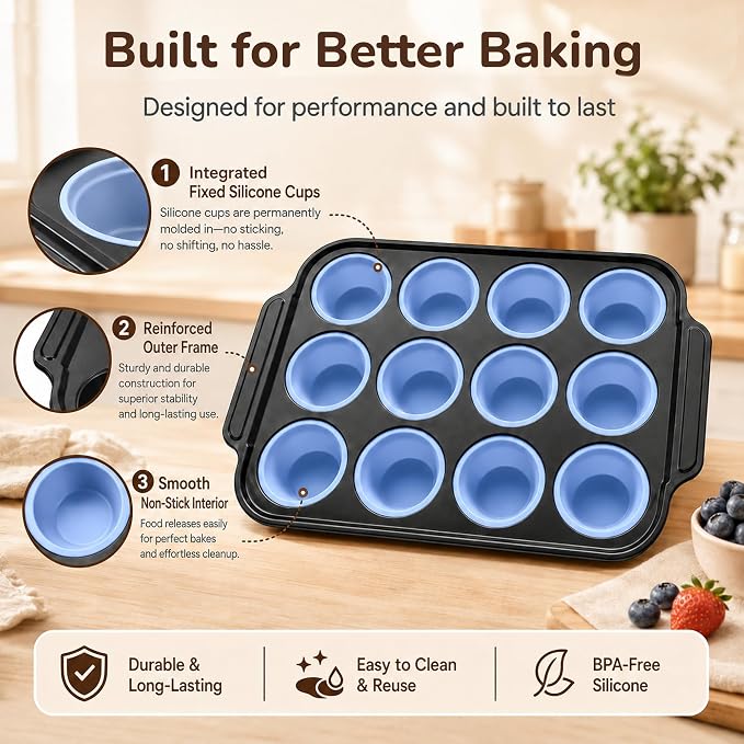 Silicone Muffin Pans for Baking, 12-Cup Muffin Tin with Metal Frame | Reinforced Metal Frame, 12-Cup Size, Easy Release Cups, Nonstick Silicone, Oven & Dishwasher Safe