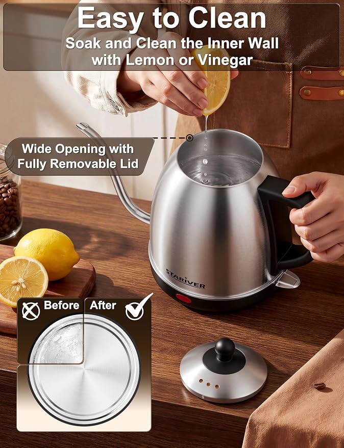 Stariver Gooseneck Electric Kettle, 1L Stainless Steel Pour Over Tea Pot | Fast Heating, Auto Shut-Off, Boil-Dry Protection, BPA-Free, for Pour Over Coffee, Tea, Drip Brew, Home or Office