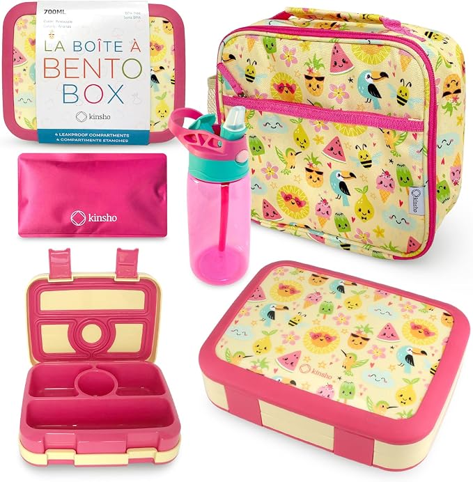 kinsho Kids Bento Lunch Box, Water Bottle, Ice Pack & Bag Set, Summer Set | 5 Leakproof Portion Compartments, BPA-Free Removable Tray, Insulated Meal, Snack Container for Toddlers, Pre-School & Daycare