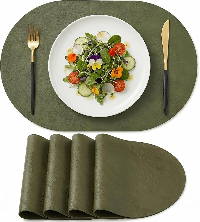 Artoid Mode Olive Green Faux Leather Oval Placemats Set of 4, 12 x 18 Inch Waterproof Wipeable Heat Resistant Vinyl Place Mats, Reversible Table Mats for Kitchen Dining Decor