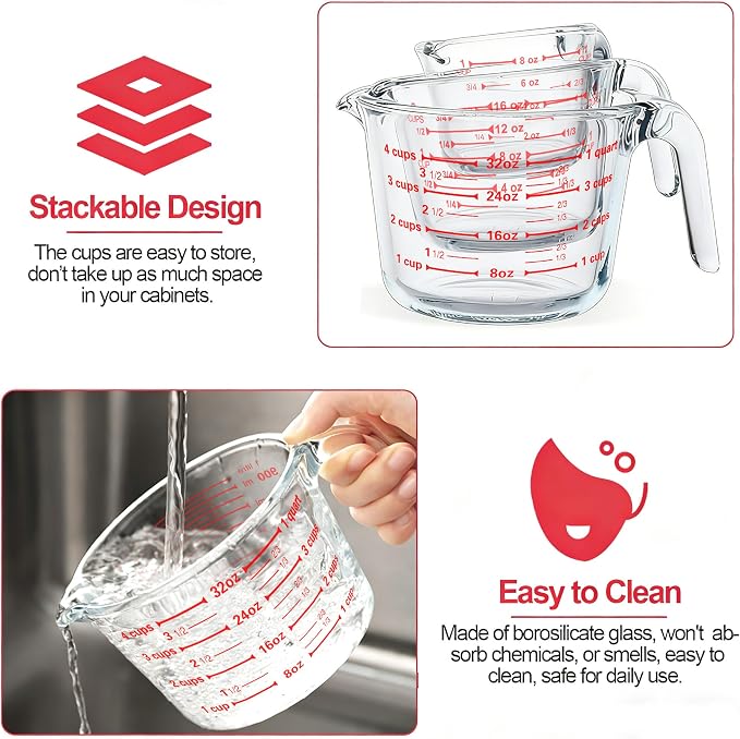 M MCIRCO 6 Pcs Glass Measuring Cups with Lids Set, 1 Cup, 2 Cup, 4 Cup | Measuring Jugs with Handle, Nesting Liquid Measuring Cups for Kitchen, Microwave, Oven, Freezer, Dishwasher, BPA Free