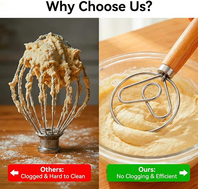 TEEVEA Danish Dough Whisk Wooden Handle Stainless Steel for Sourdough Bread | Dutch Dough Hook, Replaces Hand Mixer and Spoon, Bread Baking Tool, Food Grade Rust Resistant Steel, Non-Stick, Easy to Clean