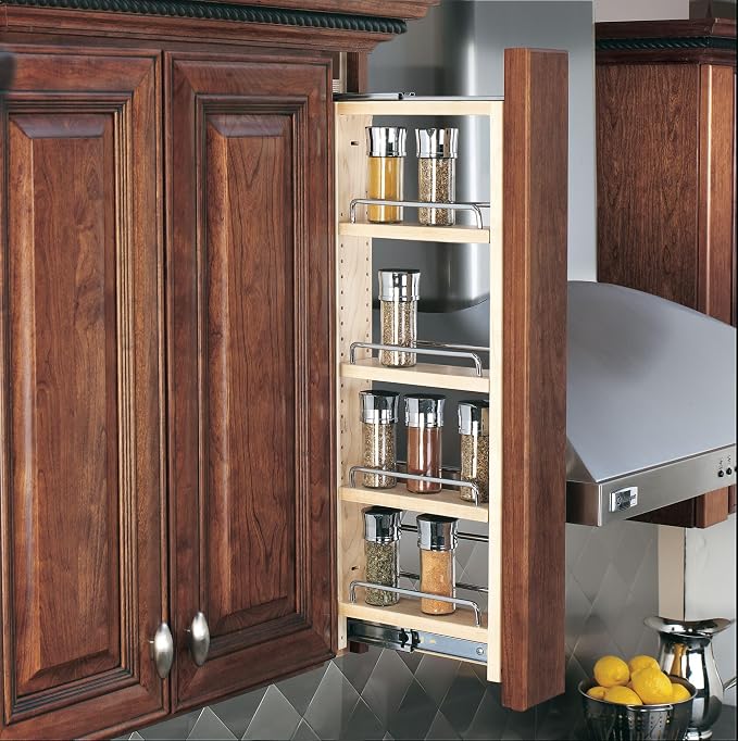Rev-A-Shelf Kitchen Cabinet Pullout Wall Filler Wooden Organizer Slide Out Pantry Storage w/Soft-Close in Multiple Sizes, 6 x 33 in, 432-WFBBSC33-6C