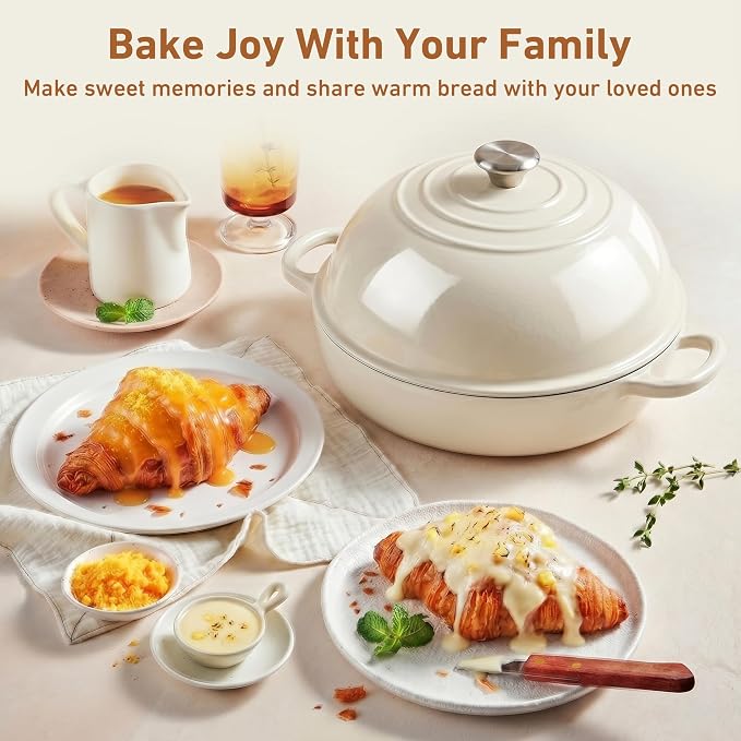 Cast Iron Dutch Oven with Lid, 6 Quart Enameled Bread Oven for Sourdough Baking, Round Heavy Duty Cast Iron Pot with Dome Lid, Cream White