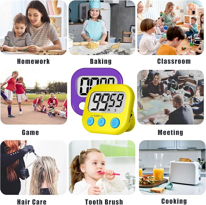 ZILLEEN Classroom Timer for Kids Teachers 2 Pack Digital Timers Pur Ye | Strong Magnetic, Large Screen, Big Button, Teacher Classroom Must Haves Kitchen Timers for Cooking Egg Exercise Study