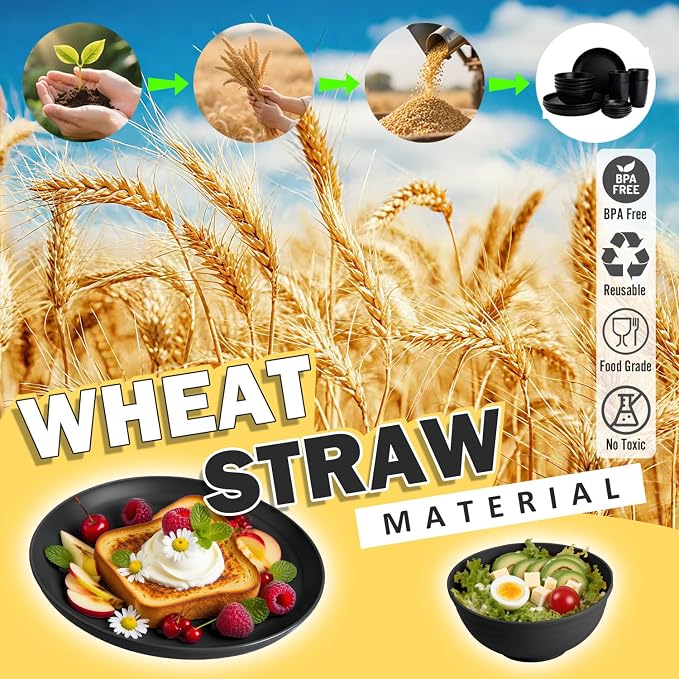 Wheat Straw Dinnerware Sets 16 PCS, Unbreakable Kids Plates and Bowls for 4-9 IN Plates, 26 OZ Cereal Bowls, 2 OZ Dipping Bowl, 12 OZ Cups, Dishwasher & Microwave Safe Plate Set - Black