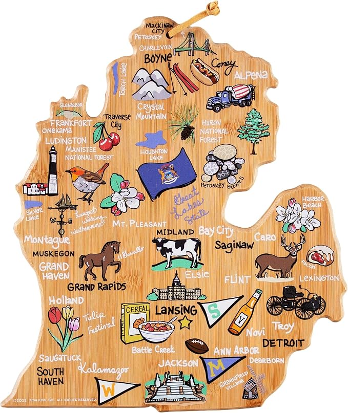 Totally Bamboo Michigan State Shaped Cutting Board, Art by Fish Kiss | State charcuterie board with colorful hand-drawn map artwork. Smooth reverse side for food prep. Hang tie for wall display.