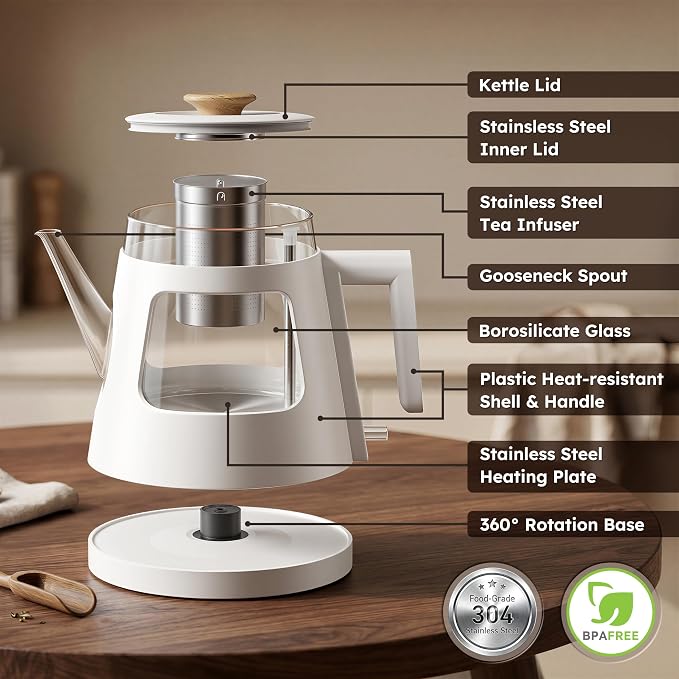 TOPWIT 1L Gooseneck Electric Tea Kettle, Glass Electric Kettle, BPA-free | Removable Stainless Steel Tea Infuser, Visible Window, Auto-Shut Off, Ideal For Pour-Over Coffee, Home & Office, White