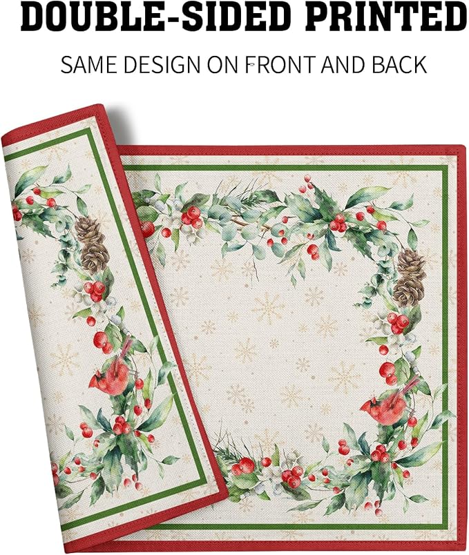 Winter Holly Branches Placemats Set of 4, Xmas Red Birds Pine Cone Dining Table Place Mats Linen Fabric Desk Top 12 x 18 Inch for Seasonal Holiday Home Kitchen Decor