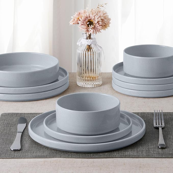 E-far Dinnerware Sets for 8, 24-Piece Stoneware Plates and Bowls Set, Gray | Modern Kitchen Dining Dishware, Chip and Scratch Resistant, Microwave & Dishwasher Safe, Speckled Gray