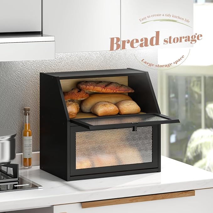 STDDRE Bread Box for Kitchen Countertop Bin Double Layer Bread Box Storage Container Extra Large Capacity with Diamond Pattern Windows (Black, Extra Large)