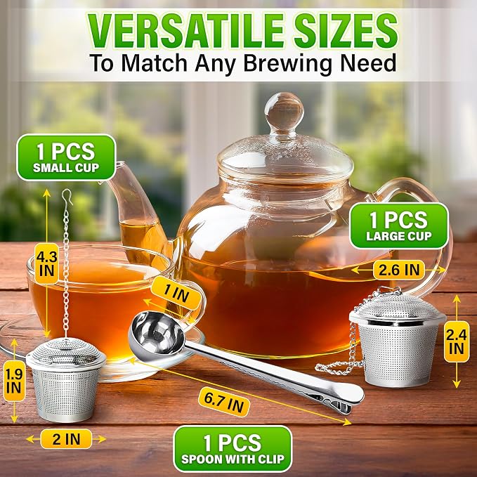 Tea Infuser Set of 2 (1 Large, 1 Small) with Scoop, Stainless Steel | Loose Leaf Tea Strainer Set; Extra Fine Mesh Holes, Extended Chain, Sleek & Shiny Surface; for Herbs, Spices & Cooking