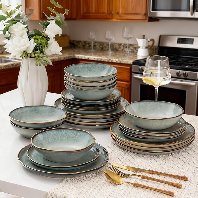 AmorArc Ceramic Dinnerware Sets for 6, 18Pcs Plates and Bowls Sets Dishes | Stoneware Handmade Reactive Glaze Dinner Set, Highly Scratch Resistant | Dishwasher & Microwave Safe Dishware