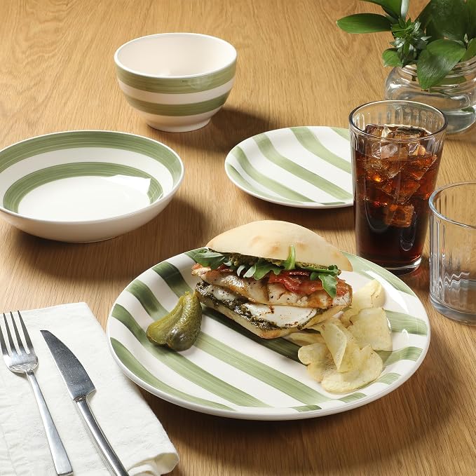 Gibson Home Kenwood Shores 16 Piece Dinnerware Set, Green Striped, Hand-Painted Stoneware, Plates and Bowls, Service for 4, Microwave & Dishwasher Safe
