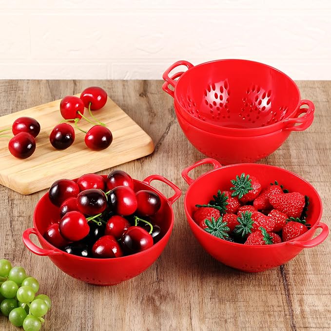 4 Pack Mini Colander for Kitchen Plastic Berry Strainer with Double Handles 7.5 x 6 x 3 Inch Small Colander Strainer for Fruits Vegetables Food (Red)