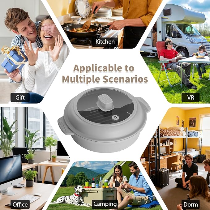 GLOU-GLOU GOOSE GGG Microwave Grill Pan, Fry Griddle Crisper Pan with Lid for Grilling Browning and Crisping Foods Microwave Silicone Cookware for Meat Sandwich Vegetable Light Grey