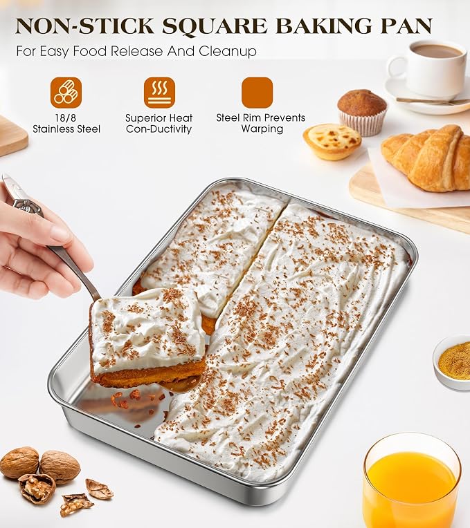 304 Stainless Steel Baking Pan with Lid, 12⅓ x 9¾ x 2 Inch Rectangle Sheet Cake Pans with Covers, Commercial Grade Bakeware for Cakes Brownies Casseroles, Non-toxic & Heavy Duty & Dishwasher Safe