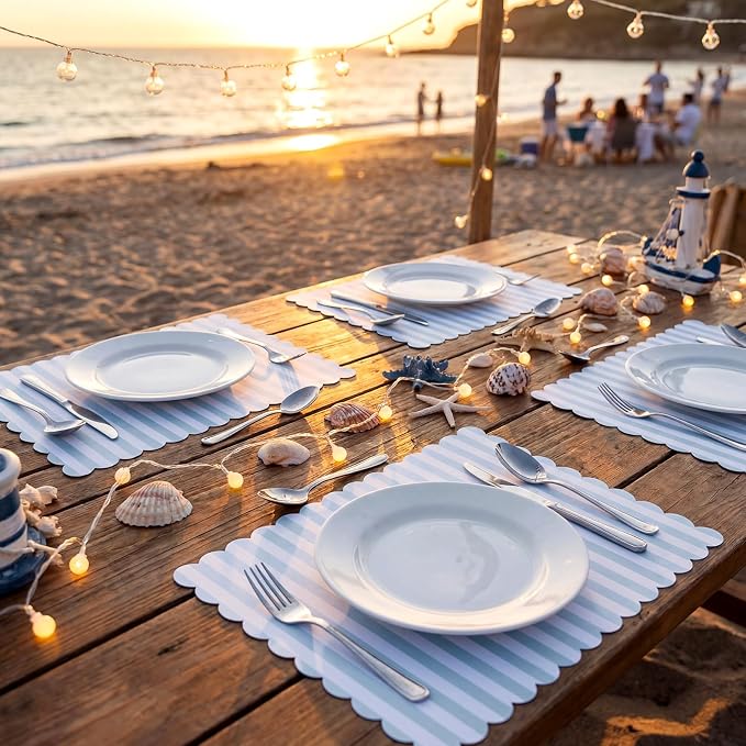 100 Pcs Blue Striped Paper Placemats Summer Coastal Scalloped Dusty Blue and White Placemats Disposable Square Striped Place Mats for Wedding Bridal Shower Beach Party Home Table Kitchen Decor