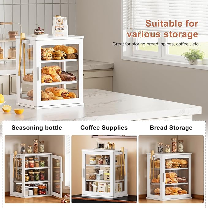 WOWLIVE Bread Box for Kitchen Countertop, 3 Layers Bread Storage Container | Large Bamboo Bread Bin for Homemade Bread with Window, Farmhouse Breadbox Organizer for Kitchen, Cabinet, White, Meduim