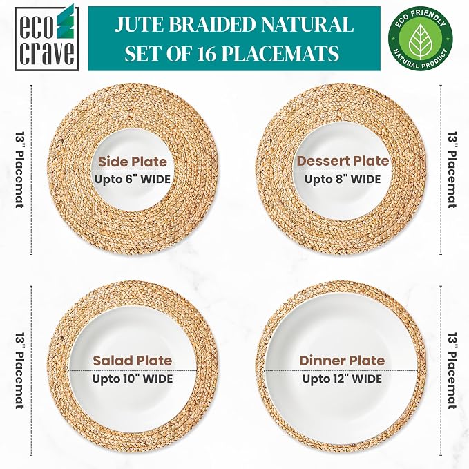 Natural Jute Placemats Set of 16, Round Woven Table Mats, 13 Inch Rattan Charger Plates, Bulk Set for Weddings, Parties & Events