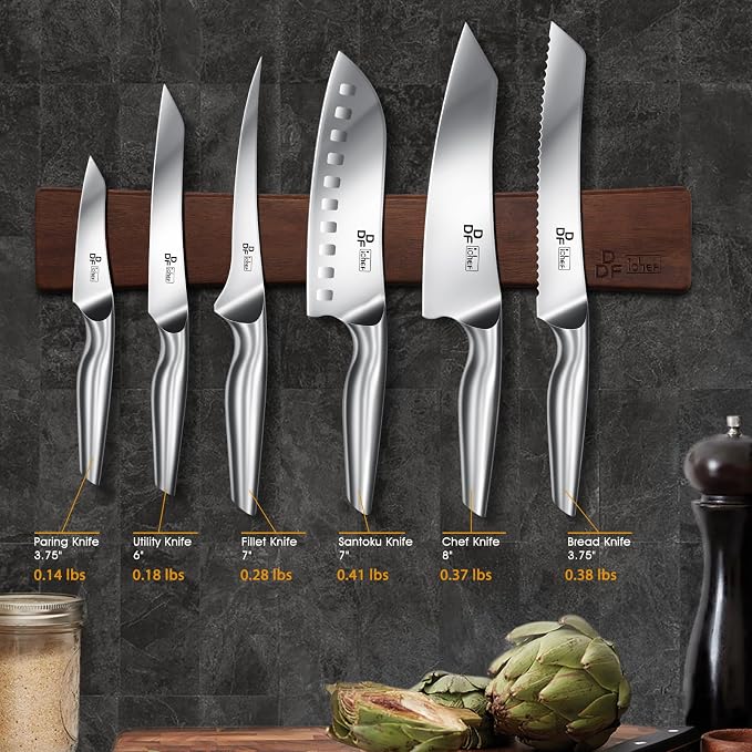 Knife Set with Magnetic Knife Strip 8 Piece, High Carbon Stainless Steel | Japanese Kitchen Knife Set with Ergonomic Hollow Handles, Magnetic Knife Holder for Wall Mount, Dishwasher Safe