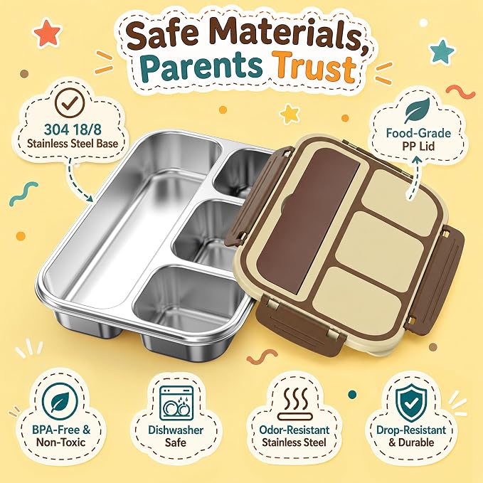 Stainless Steel Bento Lunch Box for Kids Adult, Metal Lunch Box Containers for Boys Girls School, 4 Compartment Leak Proof Lunch Containers with Sauce Cup, Fork and Spoon & Fruit Picks, Brown