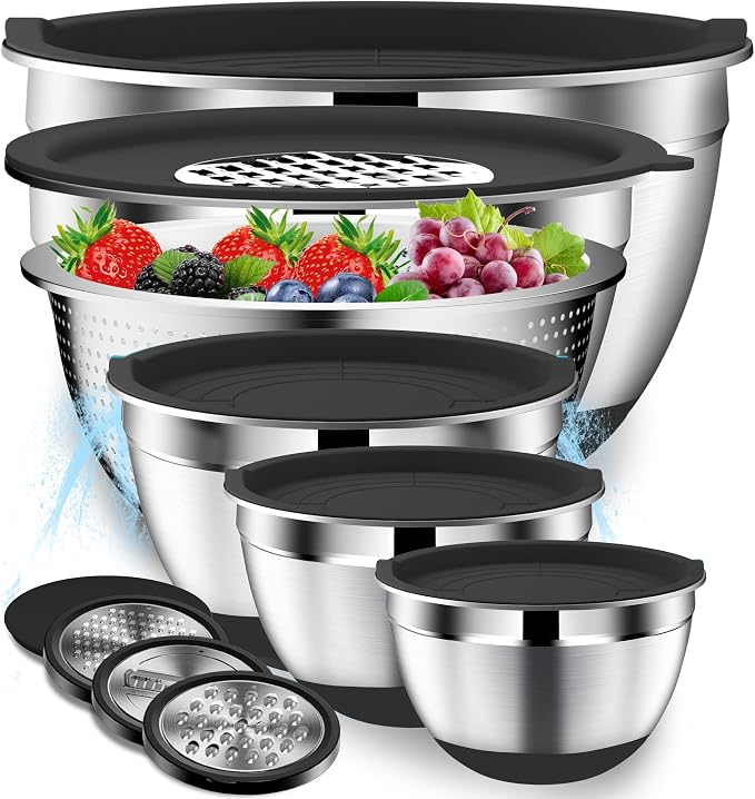 DUTZUN Kitchen Appliances, Large Mixing Bowls with Lids Set & Colander | 6.0 QT Stainless Steel Mixing Bowl with Strainer & Graters for Baking, Serving, Cooking, Prep, Salad