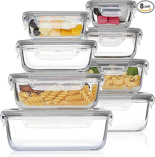 Vtopmart 8 Pack Glass Food Storage Containers with Airtight Lids | Meal Prep Lunch Containers, Leakproof, Leftover Storage, Take-out, Microwave, Oven, Freezer and Dishwasher Safe, BPA Free
