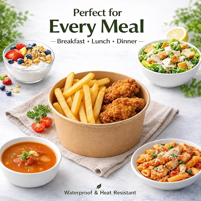 TOPtoper 35 Oz Large Paper Bowls【WITHOUT LIDS】 70 Pack Disposable Soup Bowls Plastic Free Party Supplies for Hot/Cold Food, Soup (35 OZ)