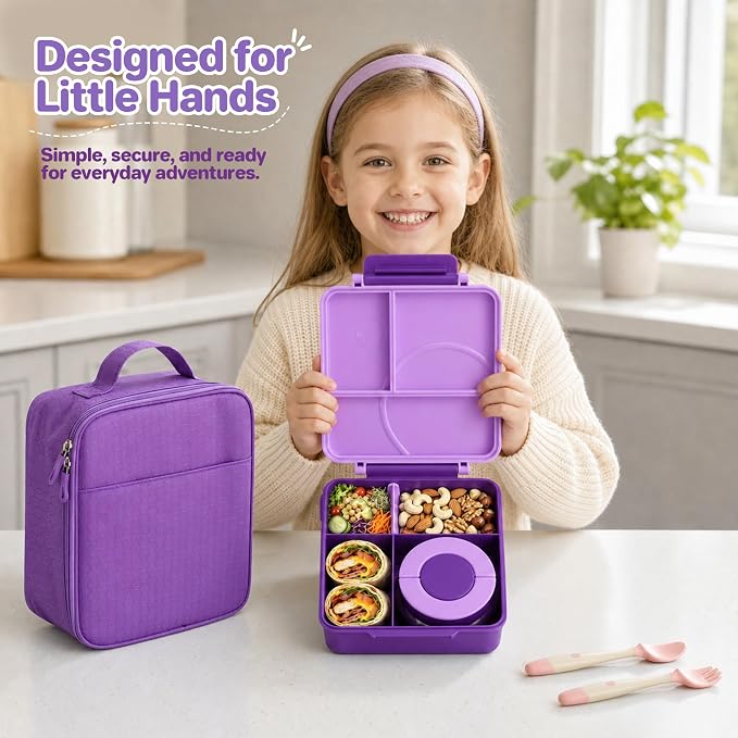 Bento Lunch Box Set for Kids with 8oz Soup Thermo, Leak-Proof Lunch Containers with 4 Compartment, Kids Thermo Hot Food Jar and Insulated Lunch Bag for Kid to School-Purple