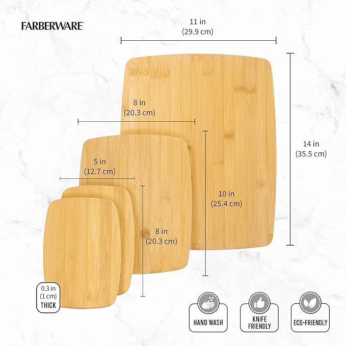 Farberware 4-Piece Bamboo Cutting Board Set - Reversible Boards for Meal Prep, Charcuterie, Cheese and Entertaining, Natural Bamboo Kitchen Essential