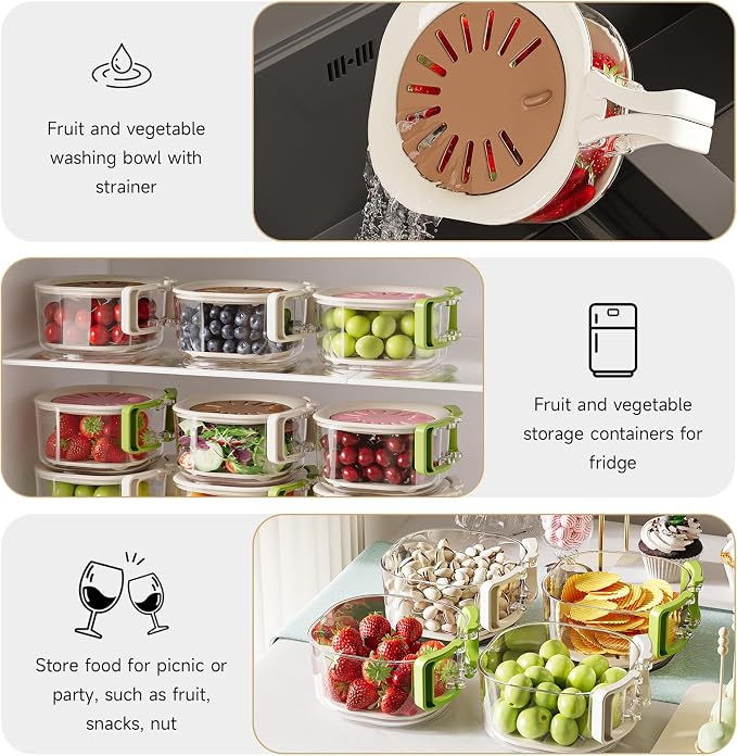 Fruit Vegetable Washing Bowl with Strainer, Multifunctional Produce Washer, Berry Container, Lettuce Keeper for Fridge Refrigerator Organization, Portable Strainers and Colander for Kitchen (Brown)