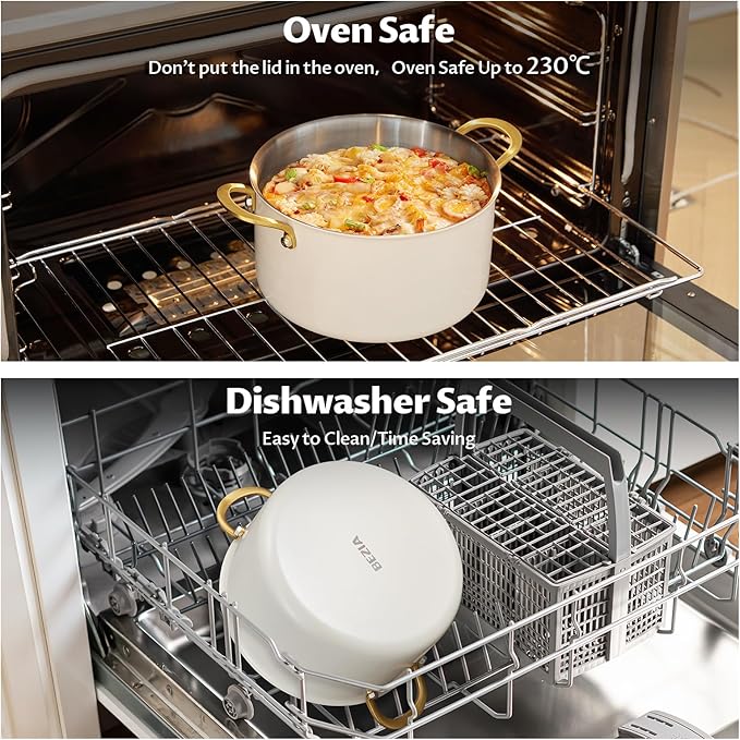 BEZIA 6 Quart Full Clad Try-Ply Stainless Steel Stock Pot, Induction Ready | Uncoated Cooking Pot with Silent, Tight-Seal Silicone-Rimmed Lid, for Daily Soups, Pasta & Quick Weeknight One-Pot Meals