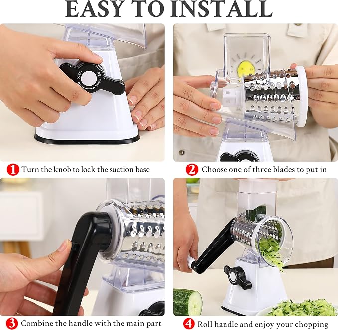 Cheese Graters with Handle, Manual Cheese Shredder Rotary Grater with 3 Replaceable Drum Blades for Vegetables, Fruit, Food, Nuts