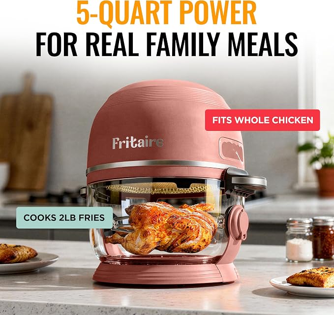 Non Toxic Air Fryer™ Pro | 9-in-1 Glass Air Fryer | Self-Cleaning | 5 Quart | Rotisserie and Tumbler | 400F Vortex For Even Cooking, BPA-Free Teflon Free, Recrisp, Roast, Bake, Mauve Rose