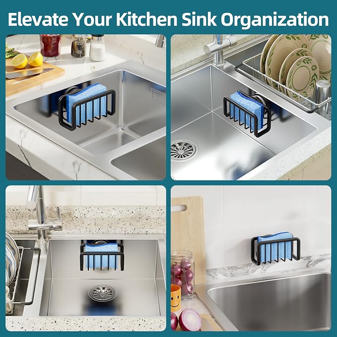 TAILI Black Sponge Holder for Kitchen Sink with Strong Suction Cup | Removable Sink Caddy for Kitchen Sink Oganizer, Rustproof Aluminum Sink Sponge Holder for Scraper Brushes, Stoppers
