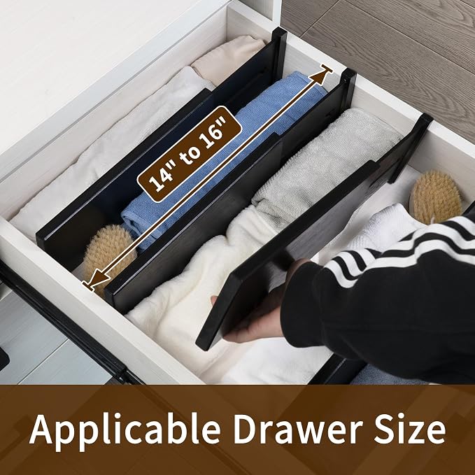 Utoplike Dresser Drawer Dividers, 4" High Black Drawer Organizers Clothes | Adjustable, Spring Loaded, Works in Kitchen, Bathroom, Bedroom, Drawer, Desk, 4 PCS for Clothing, Fit 14"-16" Inner Drawer