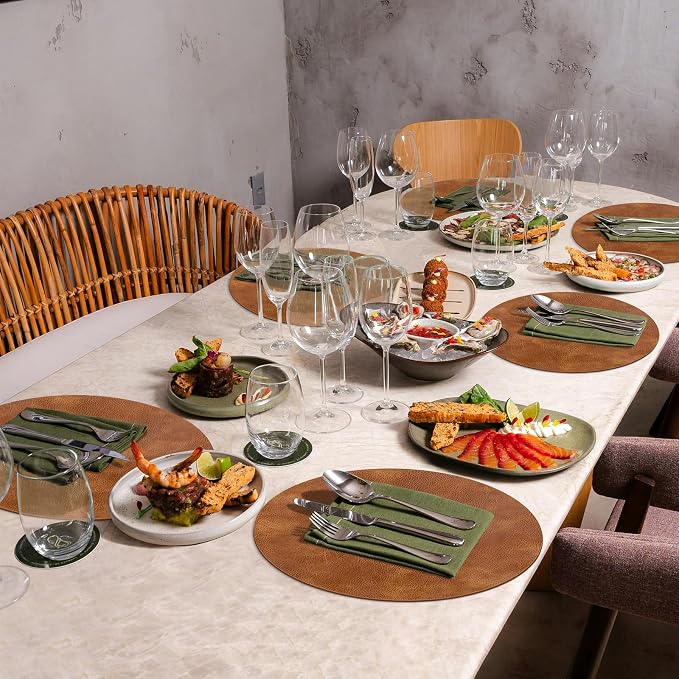 ADRIMER Placemats, Heat Resistant Round Placemats Set of 6 Washable, Waterproof Table Mats, Wipeable Faux Leather Place Mats for Kitchen, Dining Room, Turmeric Brown