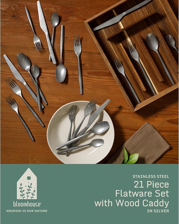 Two Time Oprah's Favorite Things Winner - 20 Piece Stone Washed Flatware 18/10 Stainless Steel Silverware Cutlery Utensil Set With Acacia Wood Caddy - Service for 4