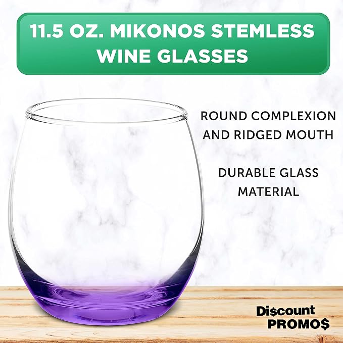 DISCOUNT PROMOS Mikonos Stemless Wine Glasses 11.5 oz. Set of 10, Bulk Pack - Restaurant Glassware, Perfect for Red Wine, White Wine, Cocktails - Purple Bottom Color