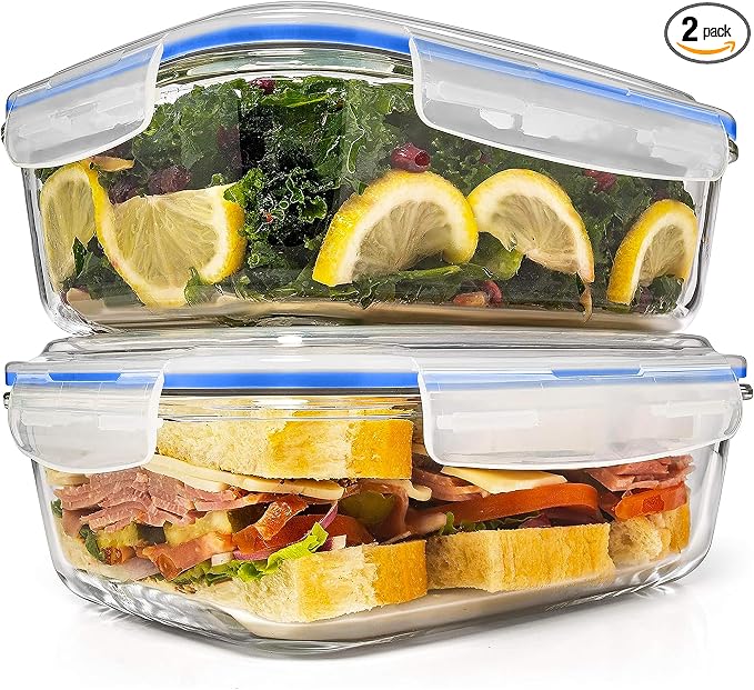 Razab 6.5 Cups / 52 Oz 4 Piece (2 Containers + 2 Lids) Glass Food Storage Containers Set with Airtight Locking Lids - For Storing, Baking & Serving BPA Free, Leakproof - Microwave, Freezer & Oven Safe