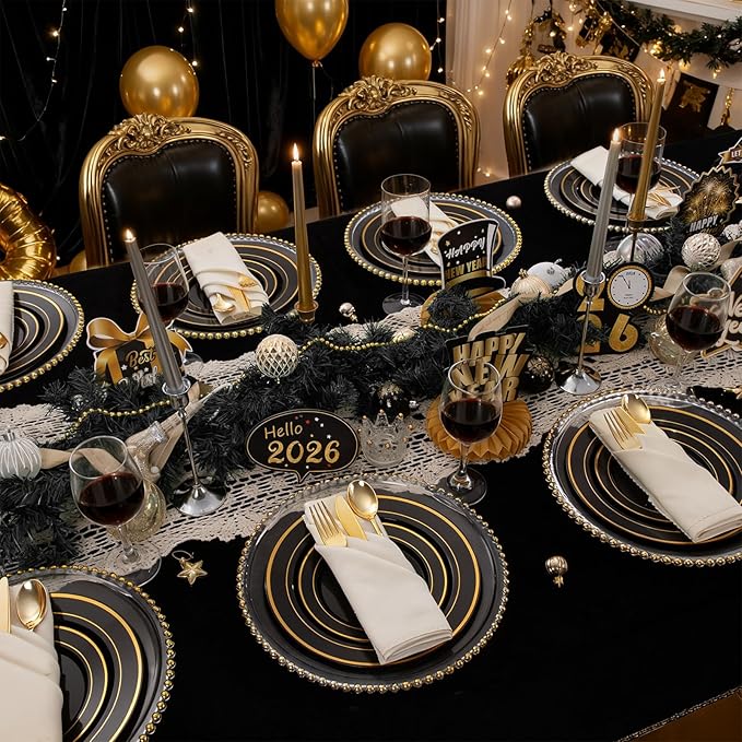 350 Pieces Black and Gold Plastic Plates with Disposable Silverware, Include 50 Dinner Plates 9”, 50 Dessert Plates 6.3”, 50 Black Cups 9 OZ, 50 Pre Rolled Napkins for New Year (Pack of 2)