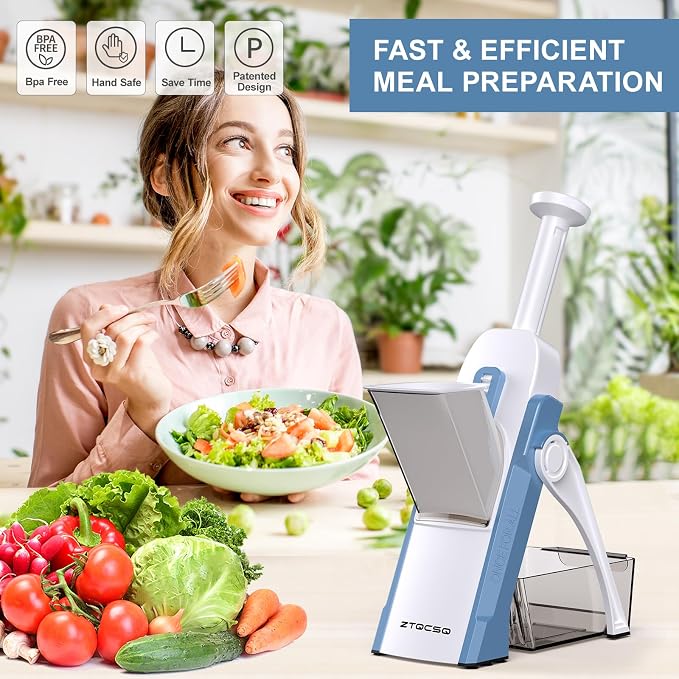 5 in 1 Adjustable Safe Mandoline Slicer for Kitchen with Paring Knife | Safe Mandoline Slicer for Kitchen, Easy to Clean/Storage, Potato Slicing, Strips, Shredding, Dicing, Chop, Cleaning brush