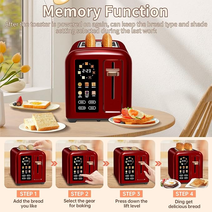 SEEDEEM Touchscreen Toaster 2 Slice, 7 Shade, Stainless, 1350W Dark Cherry