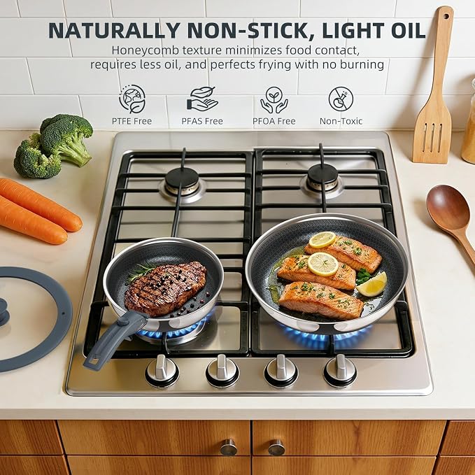 Hybrid Non Stick Frying Pans Set 4-Piece, 8 & 10 Inch Tri-Ply Stainless Steel Pans with Lid and Detachable Handle, PFOA Free Skillets for All Cooktops, Dishwasher & Oven-Safe Cookware Set