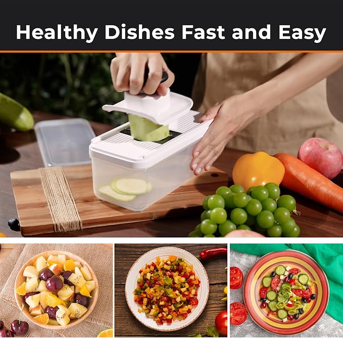 Pro Food Chopper - Premium 9 in 1 Vegetable Chopper with 7 Interchangeable Blades, Fruit Slicer, Vegetable chopper with Container and Lid, Kicthen Essentials