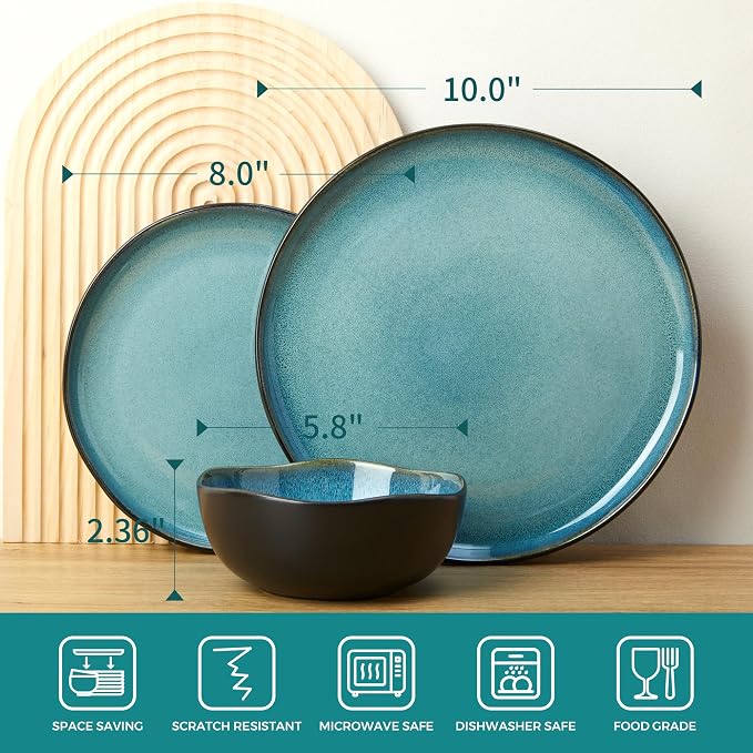 24 Piece Stoneware Dinnerware Set for 8, Reactive Glaze Plates and Bowls Sets | Designed for Holiday Dinners, Thanksgiving, Party Hosting | Durable Irregular Coastal Design, Green Black
