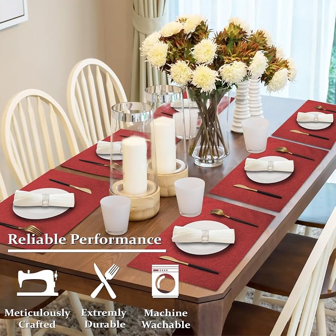 Cloth Placemats Set of 4, Cotton Linen Blend Place Mats, Red | Machine Washable, Double Layered, Heat Resistant, Fabric Dining Table Mats for Kitchen, Indoor & Outdoor, 13" x 19"