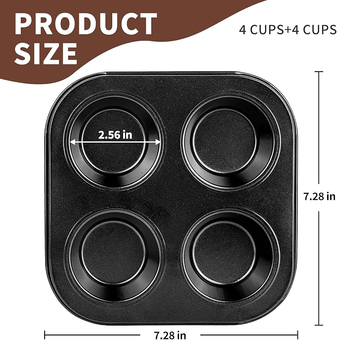 2 Pack 4-Cup 6/12/24/48 Cups Round Muffin Pan, Heavy-Duty Carbon Steel Nonstick Cupcake Baking Pan, 2.56” Standard Size Cups, Compact 7.28” Square Design, Oven & Dishwasher Safe
